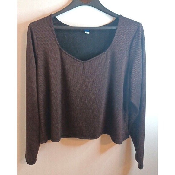 Old Navy V Neck Pullover Knit Top 3X Brown Glitter Ribbed Longsleeve Casual Boho - Picture 1 of 8